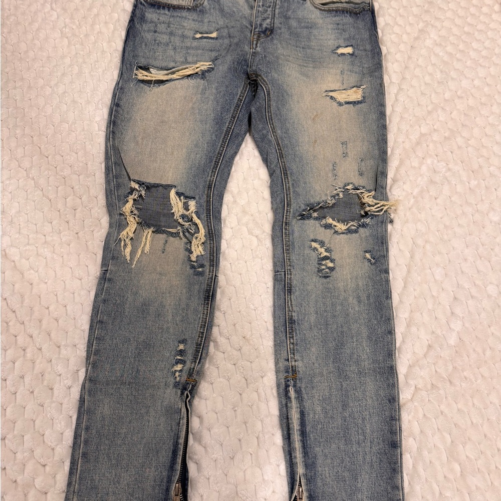 MNML Men's Distressed Light Blue Slim Jeans